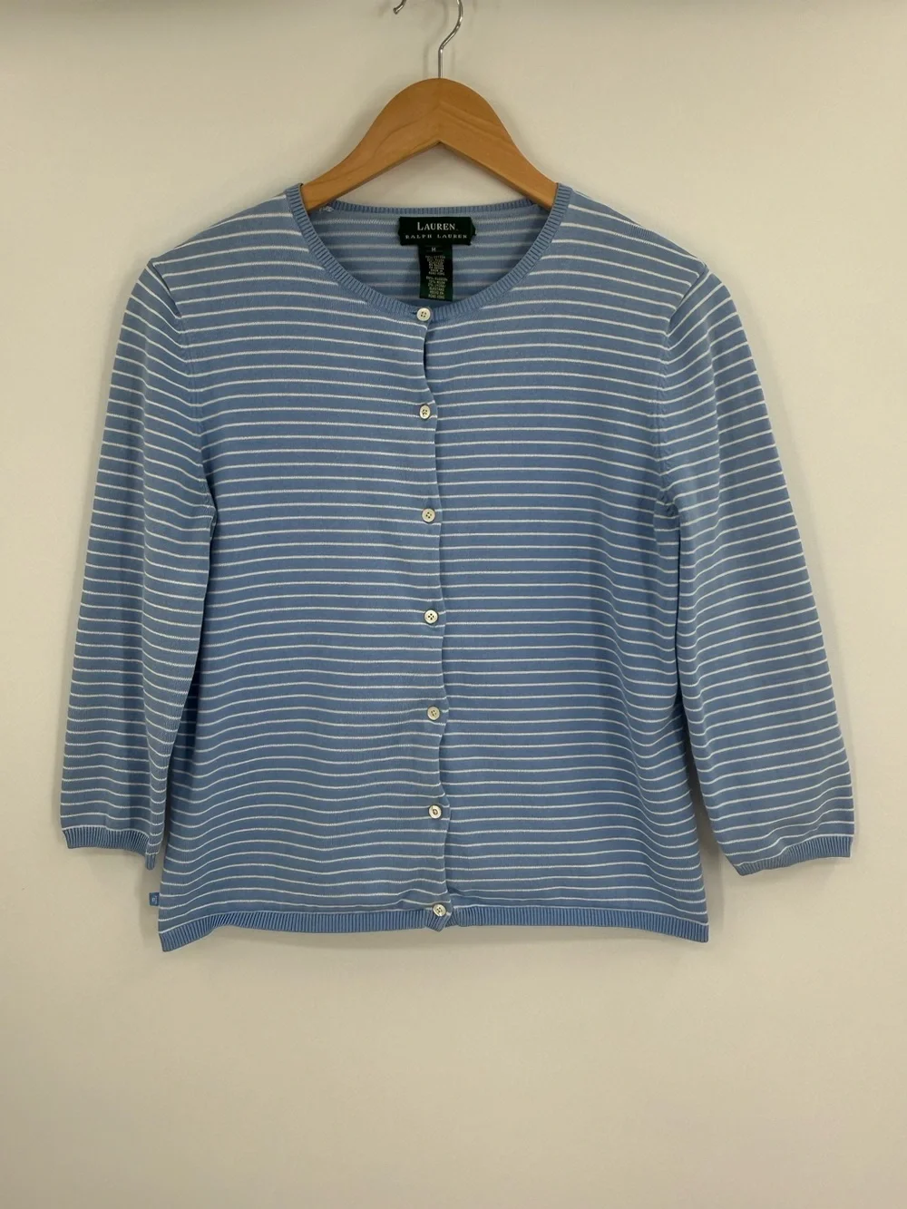 Lauren Ralph Lauren Striped Button Front Cardigan 3/4 Sleeve | Blue / White | M